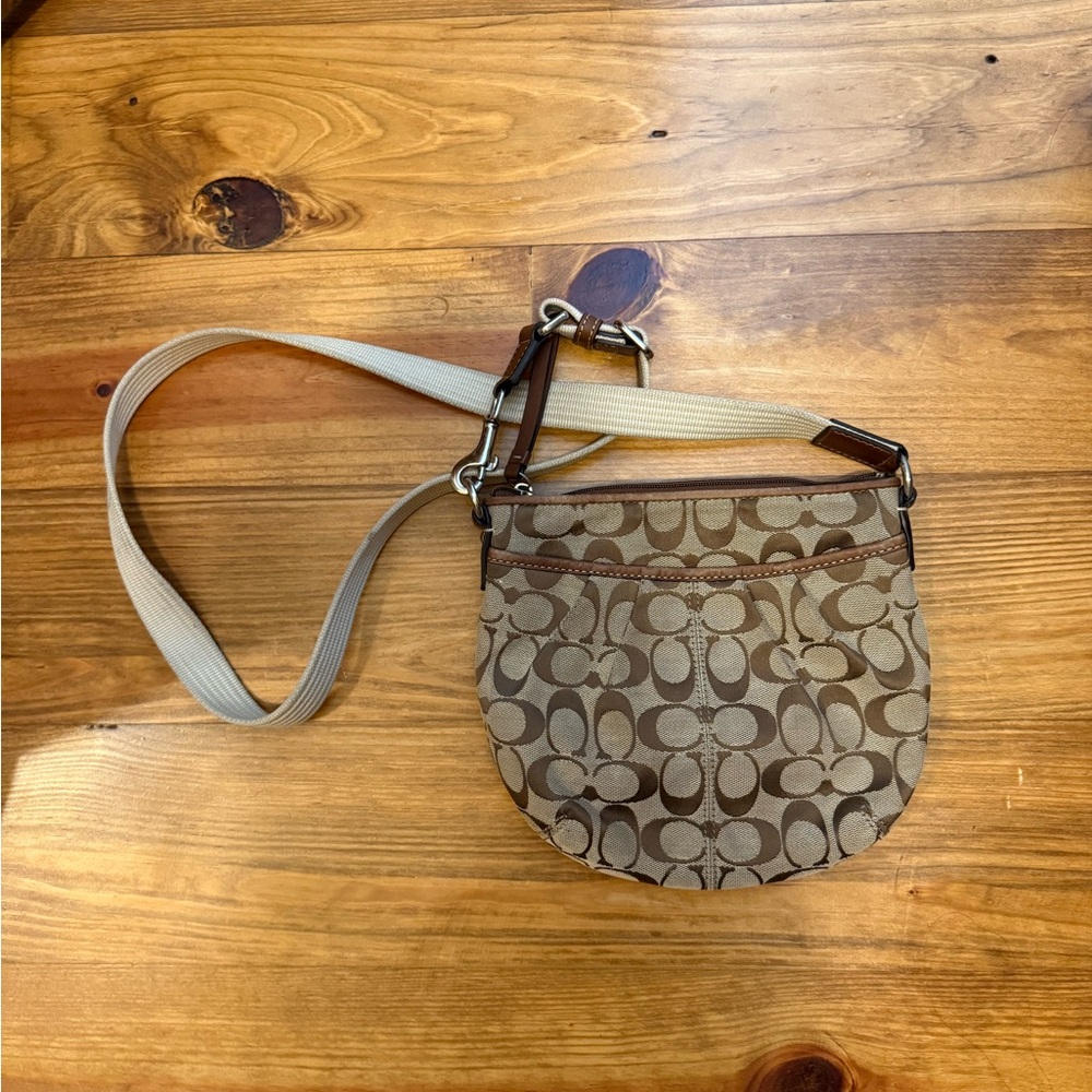 Coach Brown and Tan Crossbody Bag with Signature Monogram